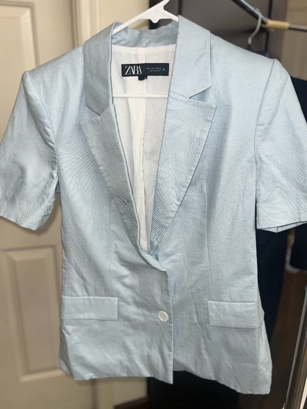 Zara Baby Blue Short Sleeve Fitted Single Button Blazer Size Small
